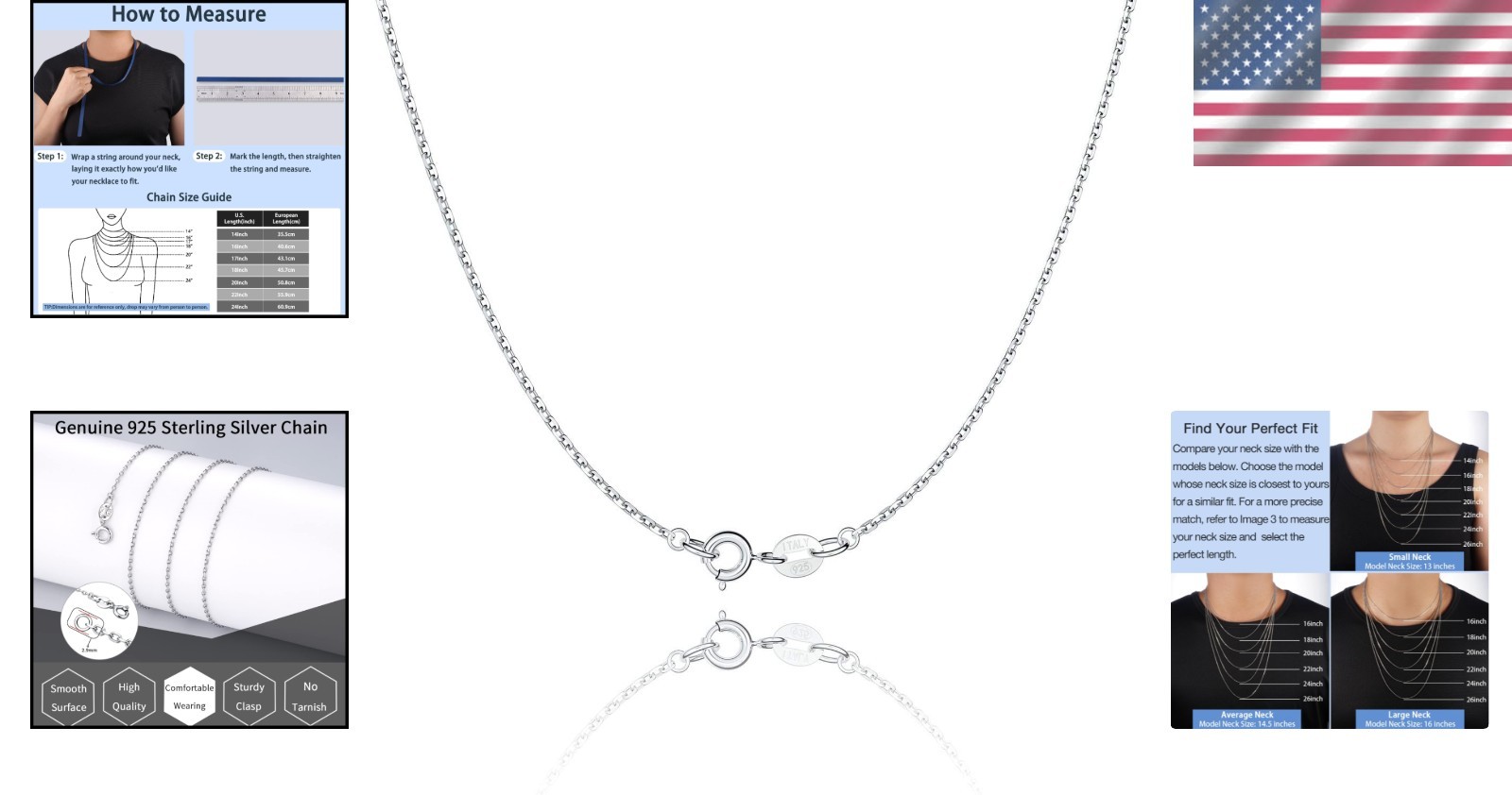 Fashionable 925 Silver Chain Necklace, 1.1mm Lightweight & Durable, 14-24 Inch