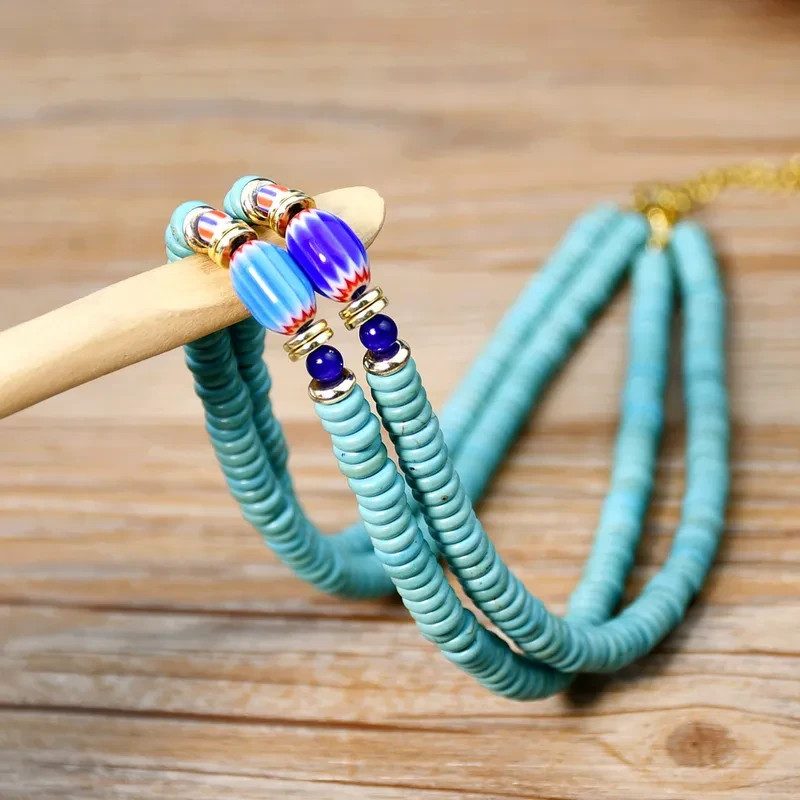 VIVID SINGLE STRAND TURQUOISE BEADS AND GLASS CRYSTAL PENDANT BEADED NECKLACE