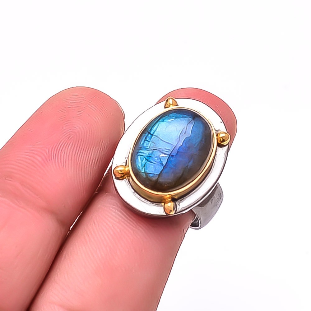 Labradorite – Madagascar Two Tone Designer 925 Sterling Silver Ring S.9 R17