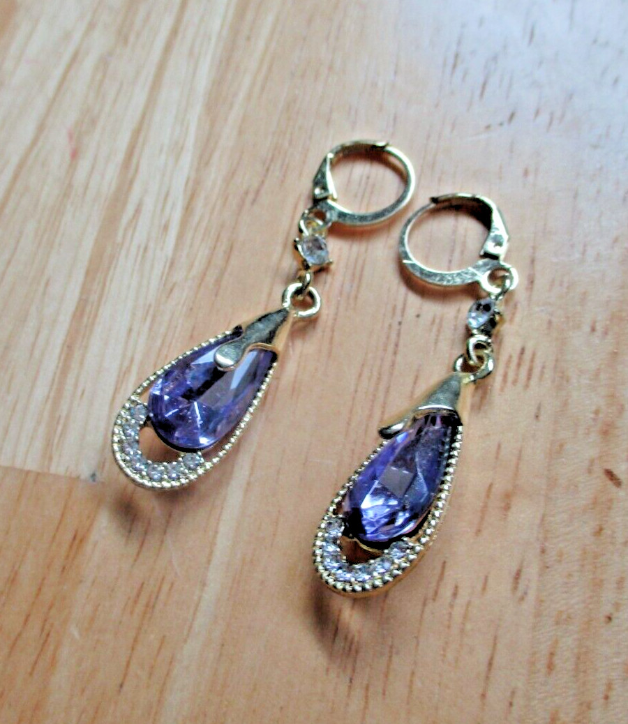 Purple Crystal Droplet Shaped Earrings, 18K Gold Plated