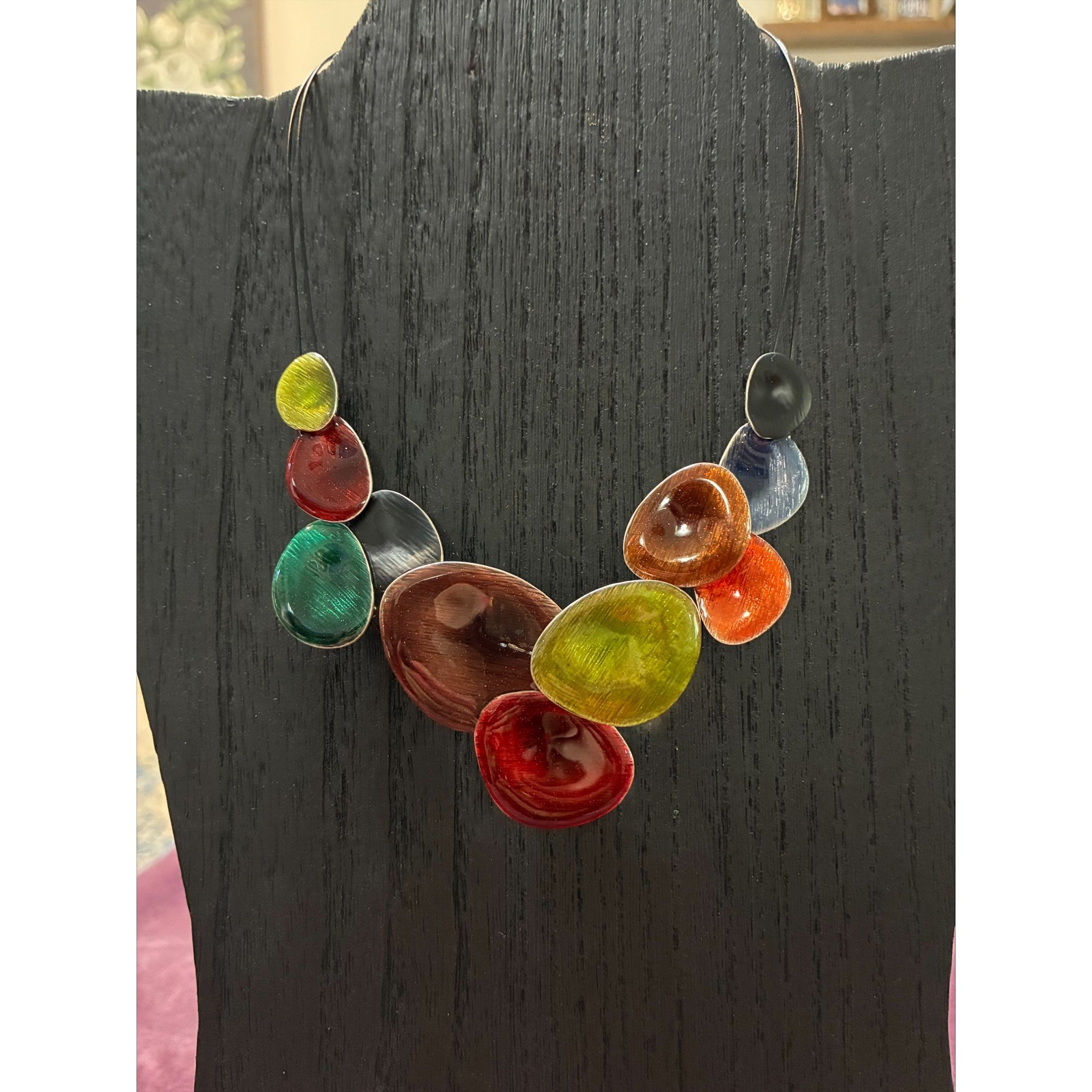Ikita Multicolor Enamel Organic Shape Bib Statement Necklace Adjustable Silver