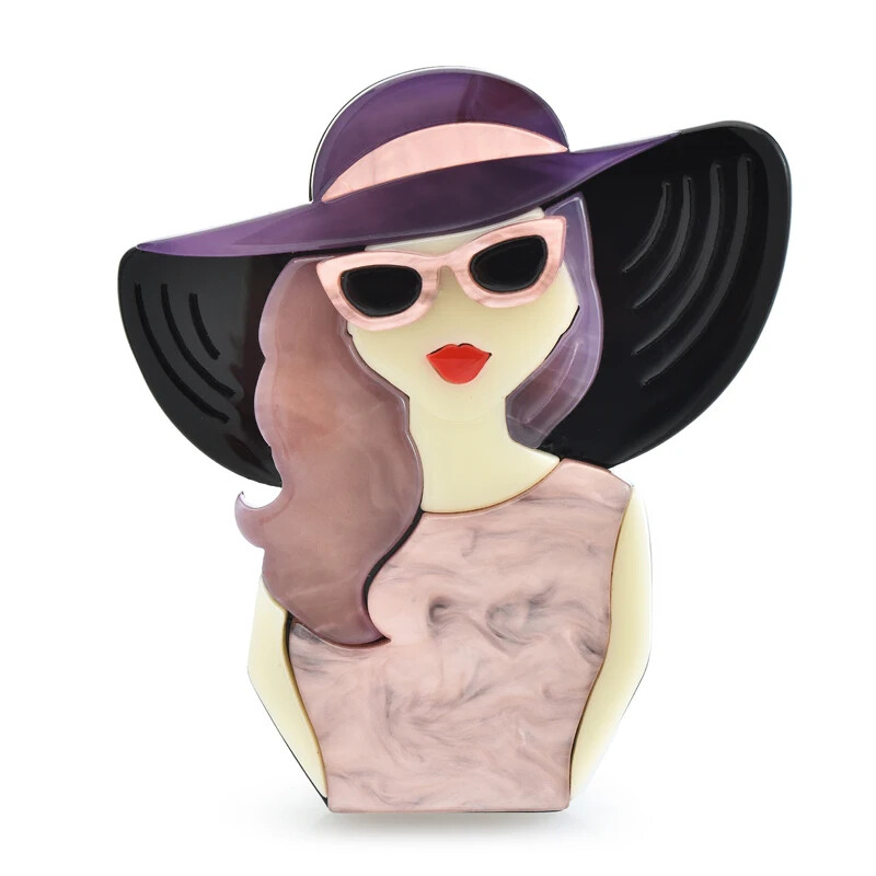 Acrylic Beautiful Lady Brooches For Women Modern Girl Figure Wear Glasses Hat