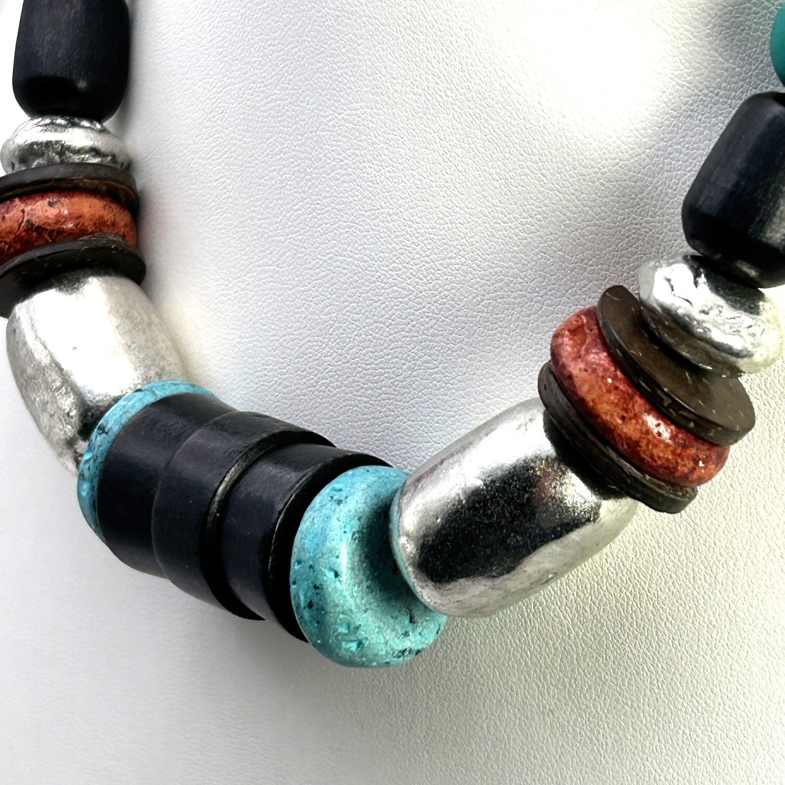 Chunky Boho Statement Necklace Mixed Wood Metal Teal Tribal Adjustable