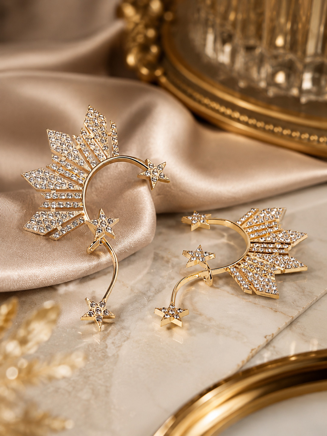 Gold Crystal Ear Cuff Earrings Star Rhinestone Bridal Ear Wrap Wedding Jewelry