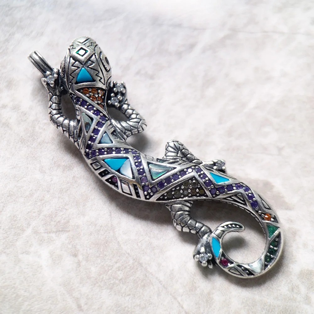Lizard Multi Color CZ Turquoise Pendant 925 Sterling Silver 1.8 Inch Long
