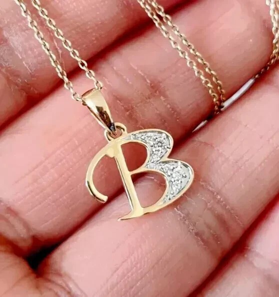 Round Cut Simulated Diamond Unisex Letter ”B” Pendant 14K Yellow Gold Plated