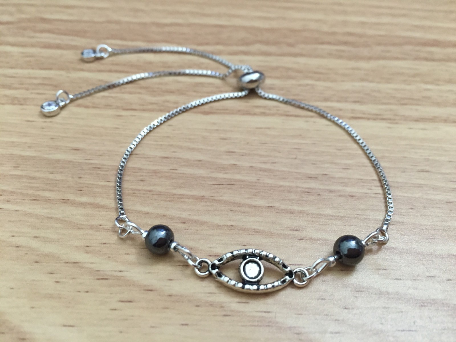 Delicate and Dainty Silver Chain Women Bolo Bracelet w/ Gray Hematite – Evil Eye