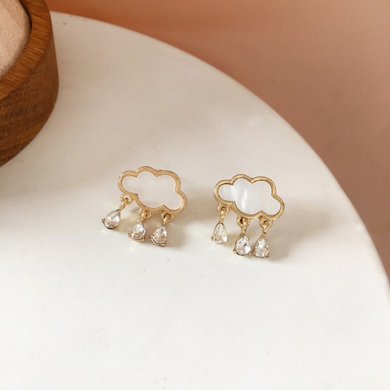 Pretty White Enamel Cloud Tears Zircon Tassel Hanging Gold-plated Drop Earrings