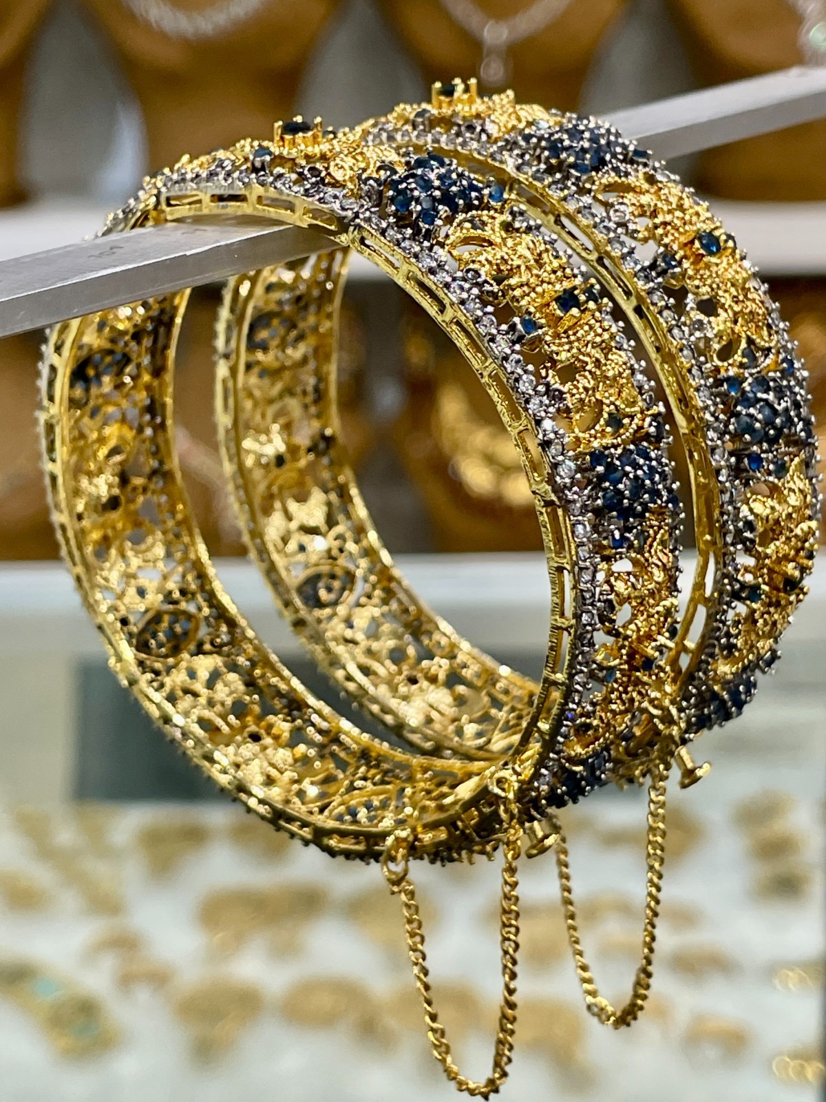 2 Pc Adjustable Gold Oxidized Blue Stone Bangles Pakistani Bridal Jewelry