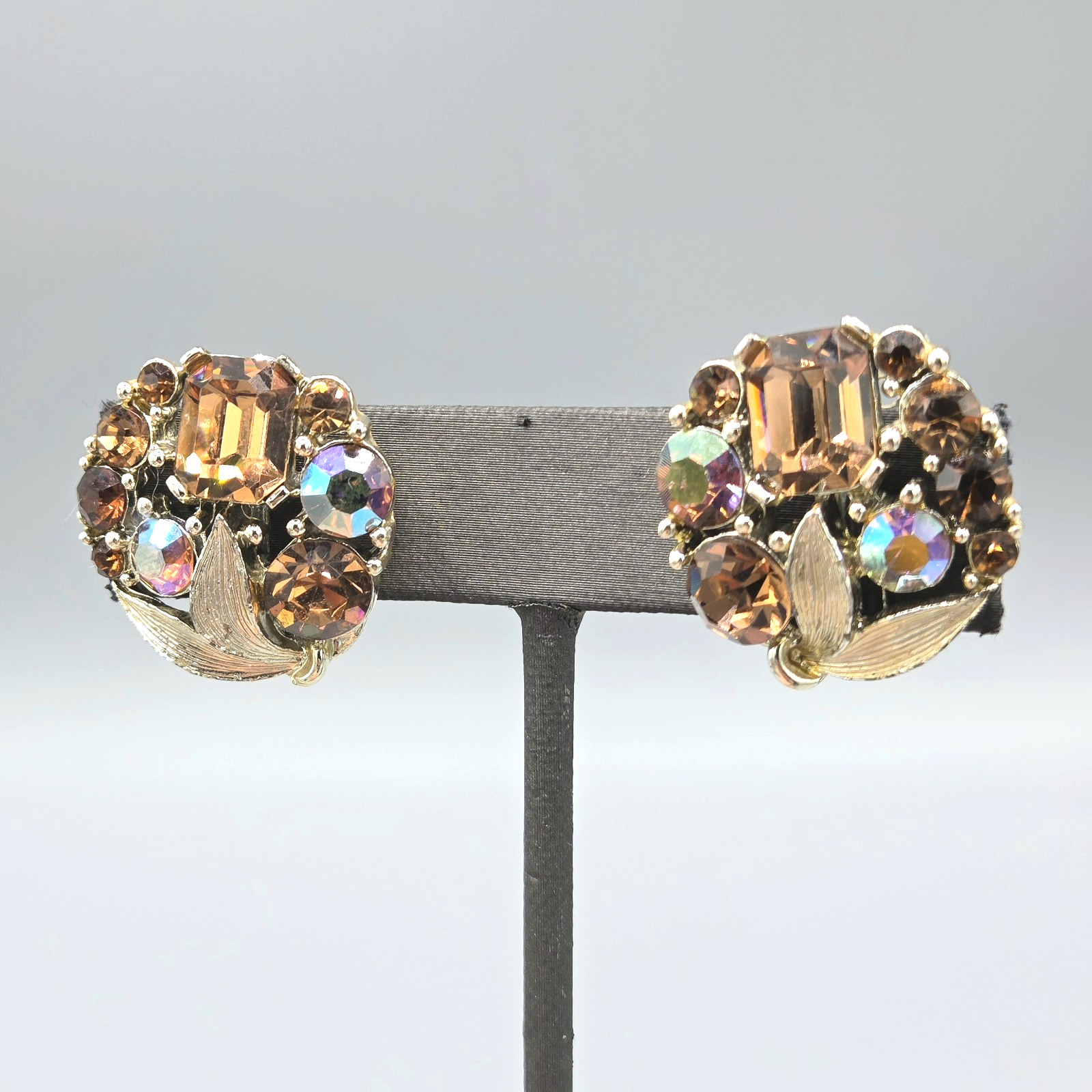 Vintage Lisner Signed Topaz & AB Rhinestone Gold Tone Necklace 16″ Clip Earrings