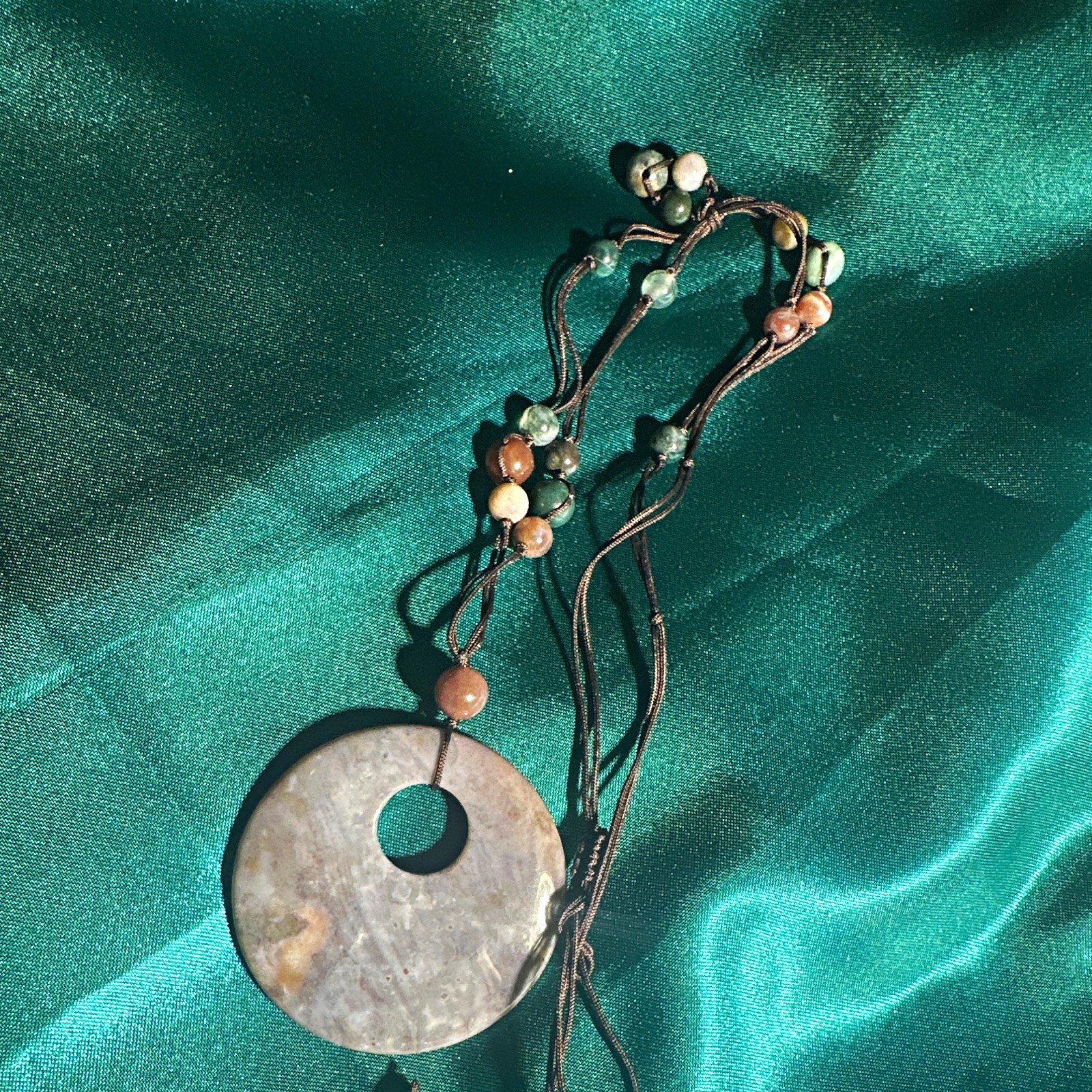 Gray Round Stone Donut Pendant Necklace, Gray Cord Chain, Round Pendant Style