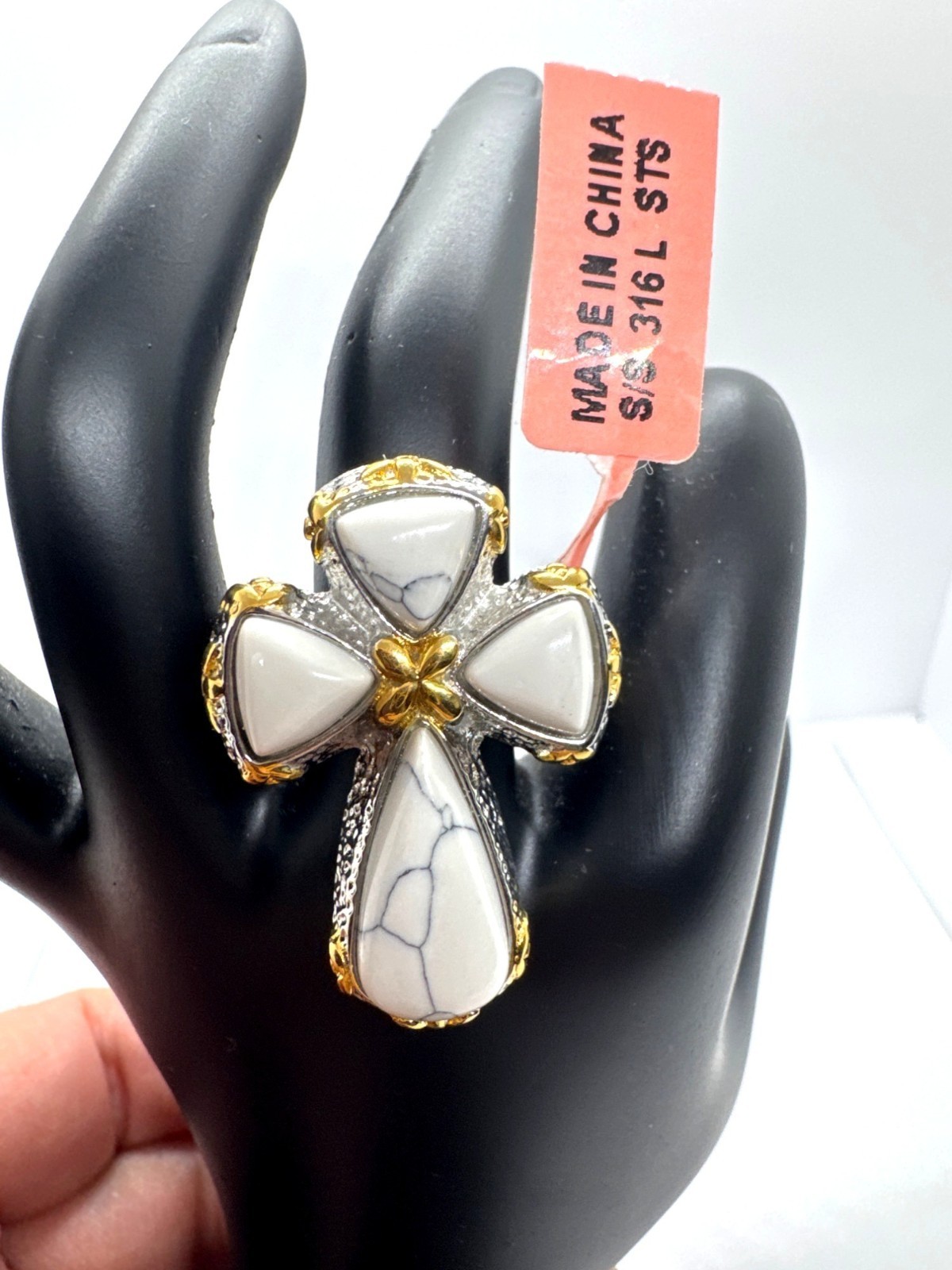 White Howlite Cross Ring Stainless Steel 316L Silver Gold Two Tone Statement