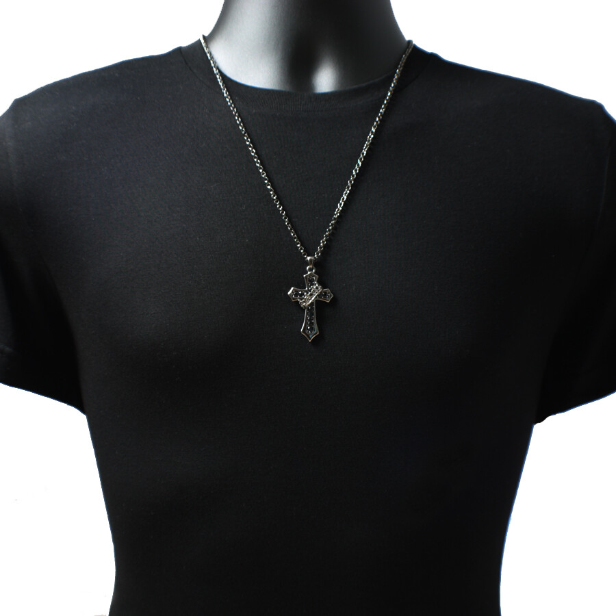 Cross Ring Black Gray Black Pendant with 24″ Chain Necklace for Men Kids Women