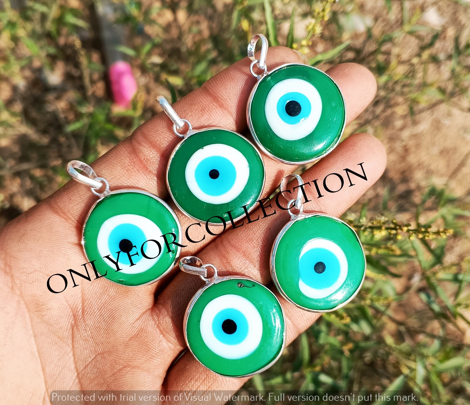 Positive Round Green Evil Eye Gemstone 925 Sterling Silver Plated Bezel Pendants