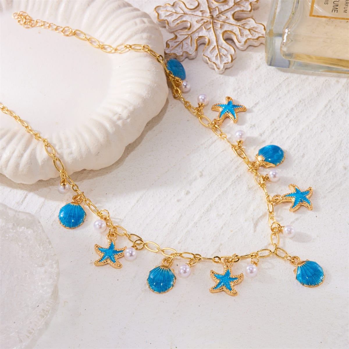 Starfish Shell Charm Choker Necklace Gold Tone Faux Pearl Beach Boho Women