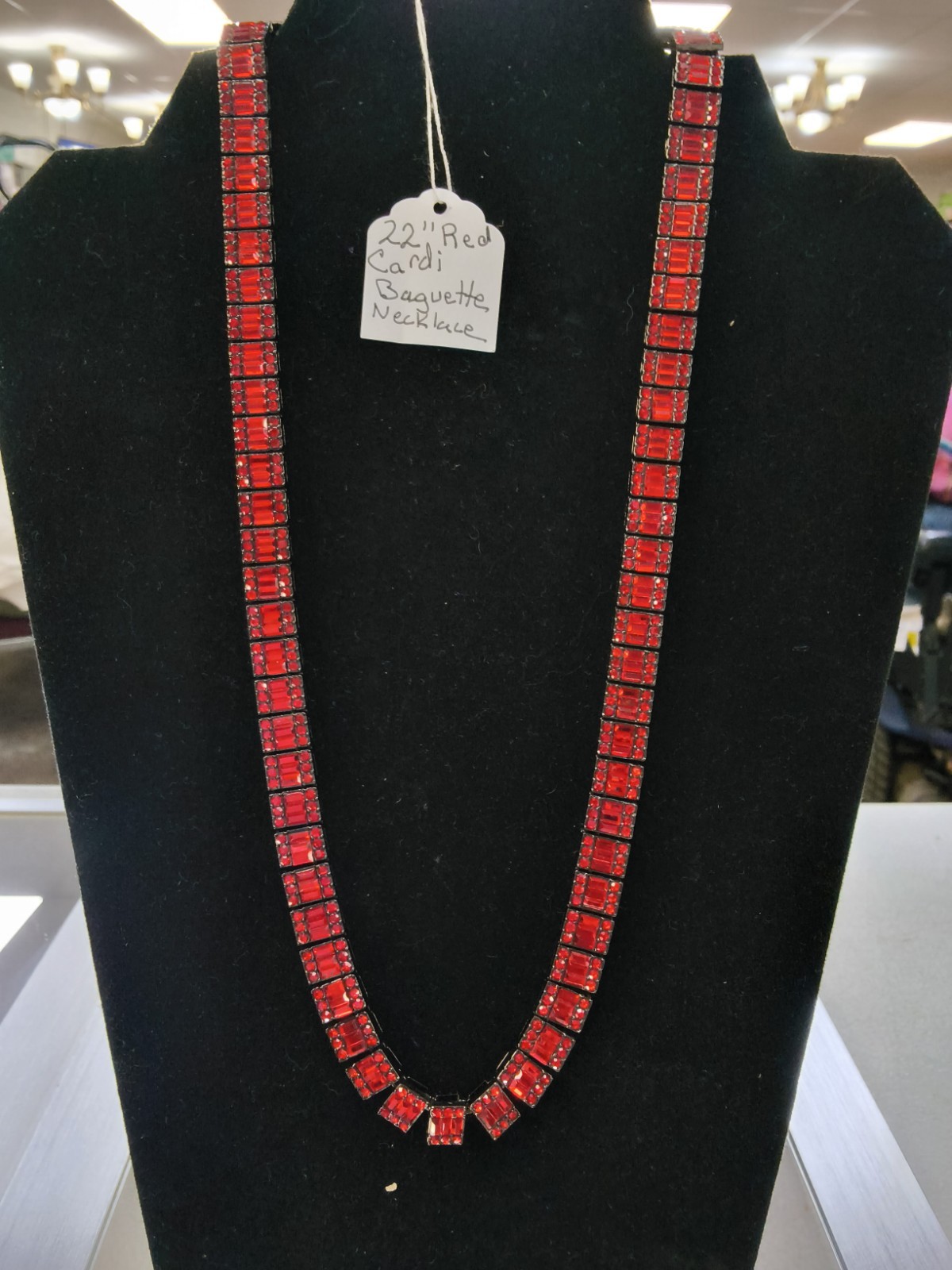 22″ Red Baguette Crystal Tennis Necklace Black Tone Setting Statement Jewelry…