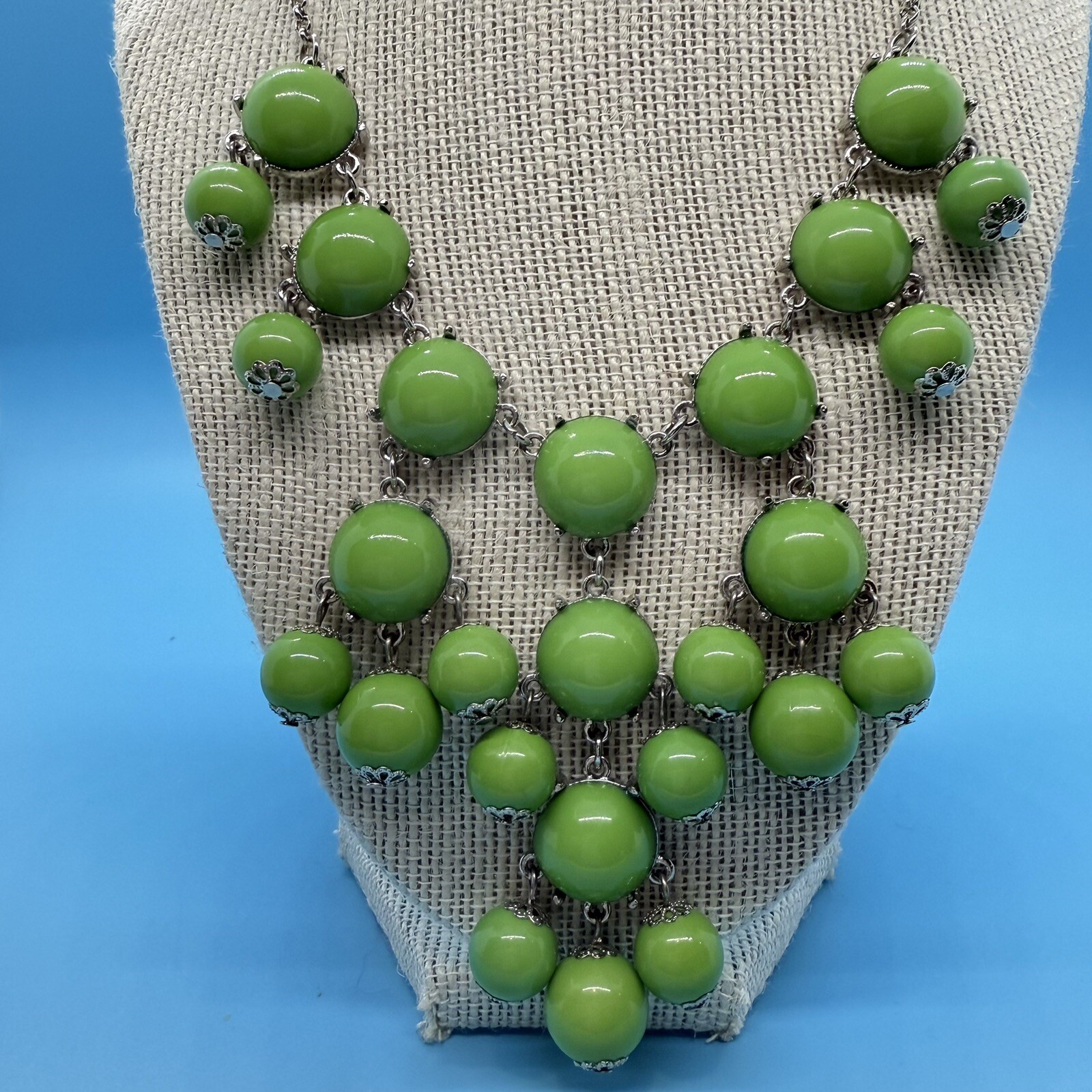 Lime Green & Silver Tone Retro Bohemian Bib 22-24″ Adjustable Necklace Chunky