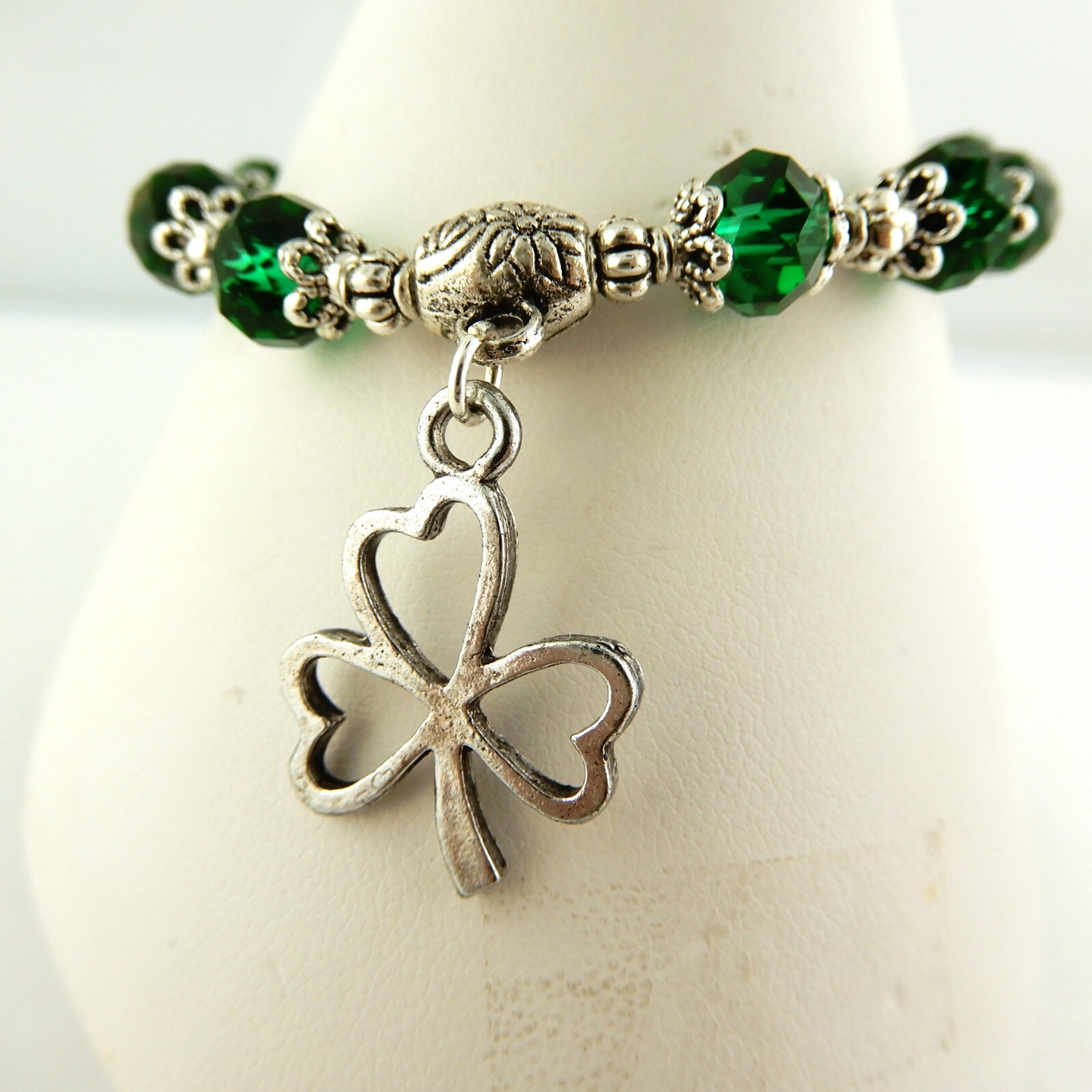 Irish Shamrock stretch bracelet with Green Crystal beads for St. Patrick’s Day
