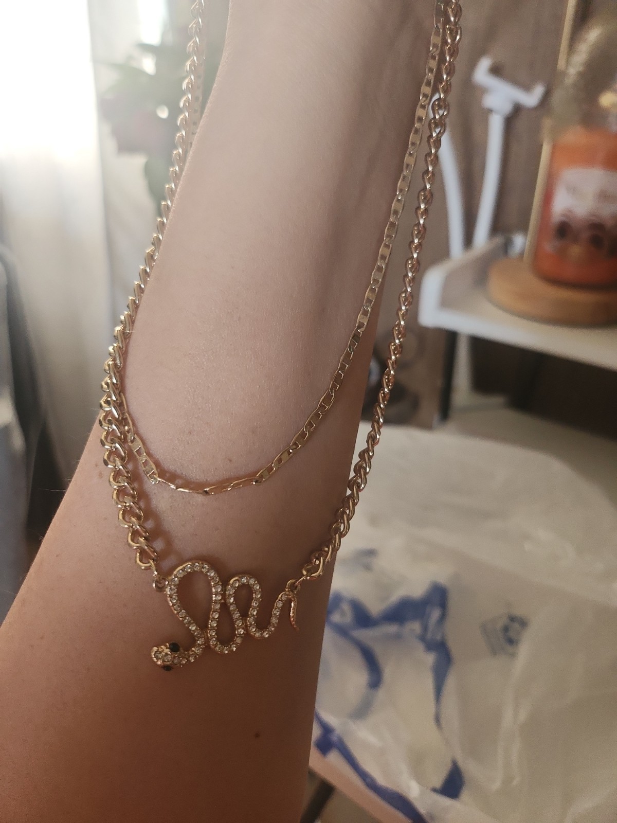 Gold-Tone Curb Link Chain Necklace Snake Charm Pendant Pavé Crystal Rhinestones