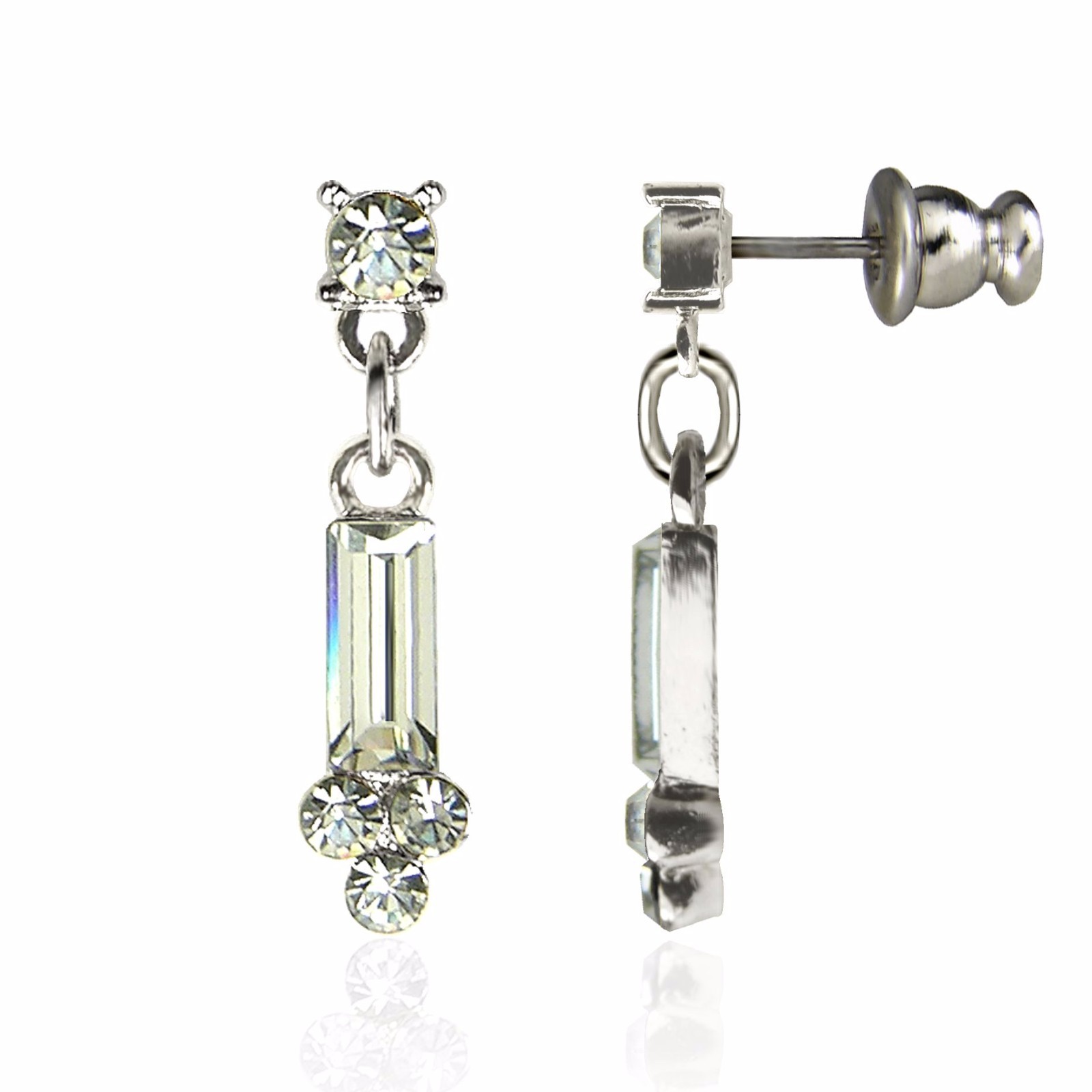 Forever Silver or Gold Plated Baguette Dangle Earrings Austrian Crystal Surgical