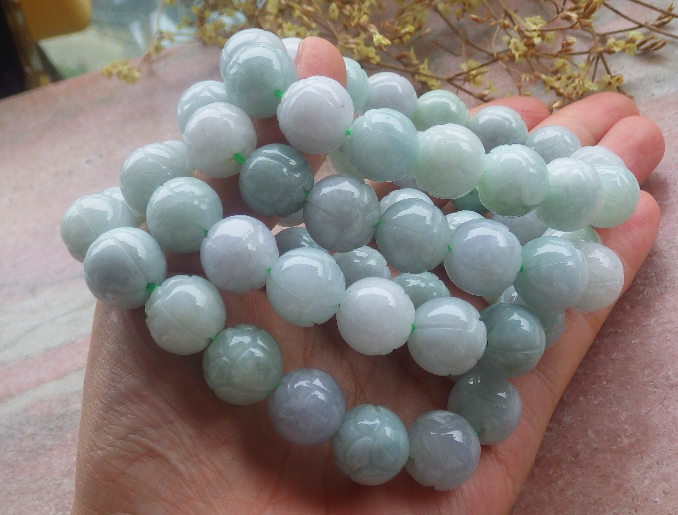 1 piece Green A JADE Jadeite Beads Bangle Lotus Flower Bracelet 7 inches 734353