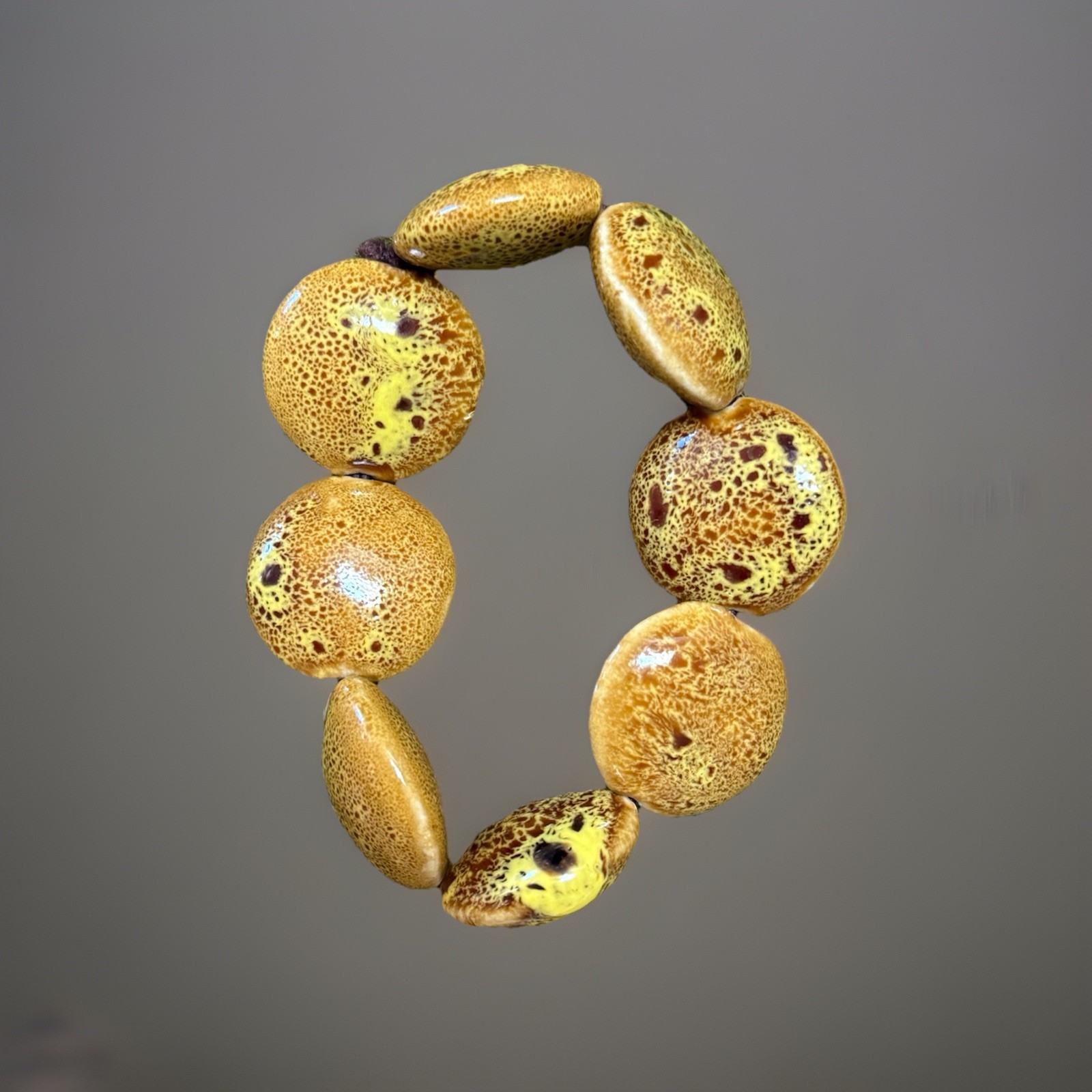 Vintage porcelain Beaded Stretch Bracelet Brown Yellow Round Beads No Closure