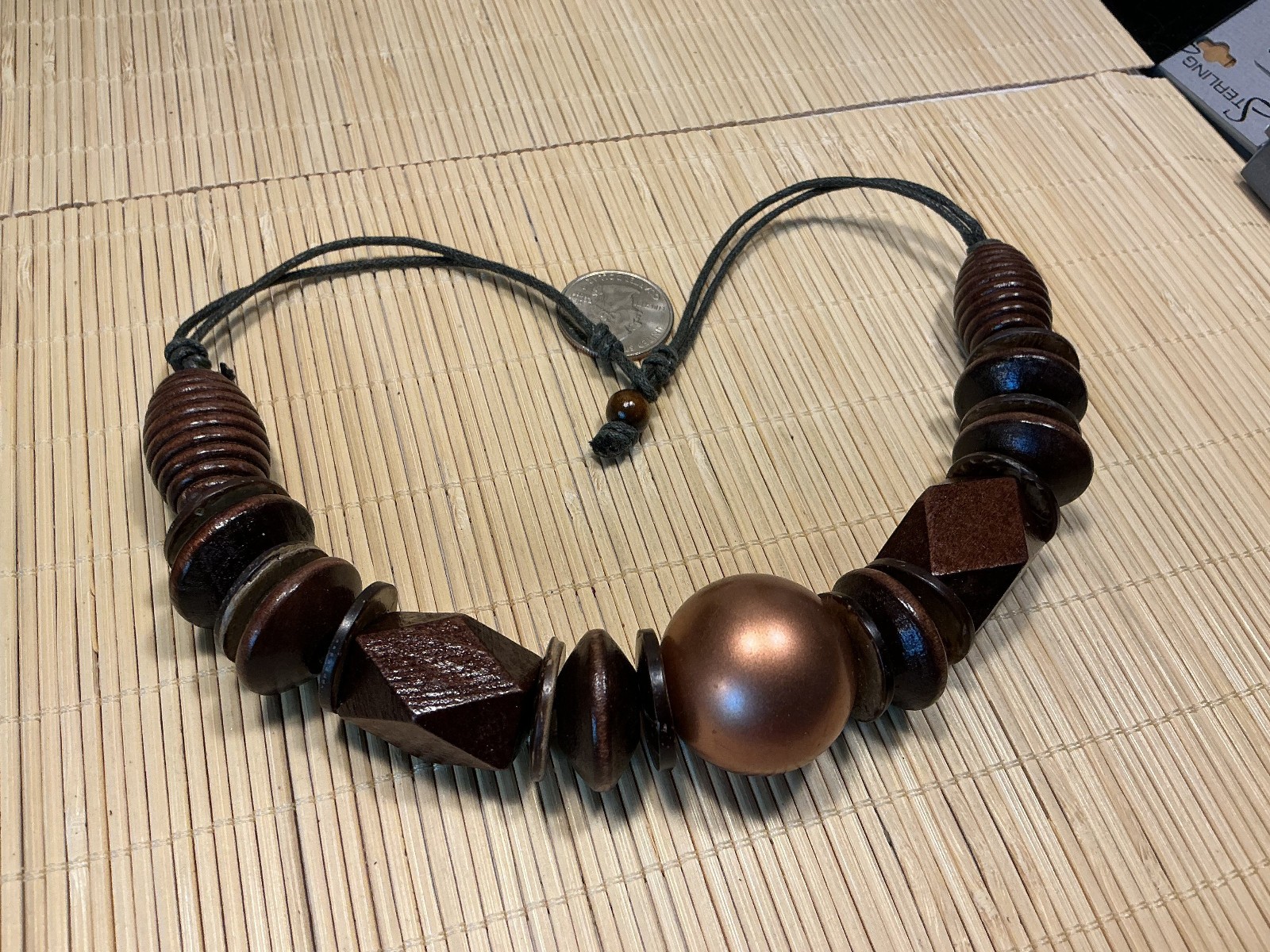 Fashion Necklace Chunky Brown Beveled Wood Copper Plastic Choker 103E