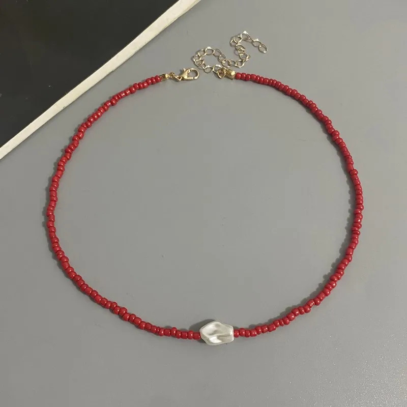 Fashion Boho Beads Necklace Women Imitation Pearl Seed Beaded Strand Short Choke