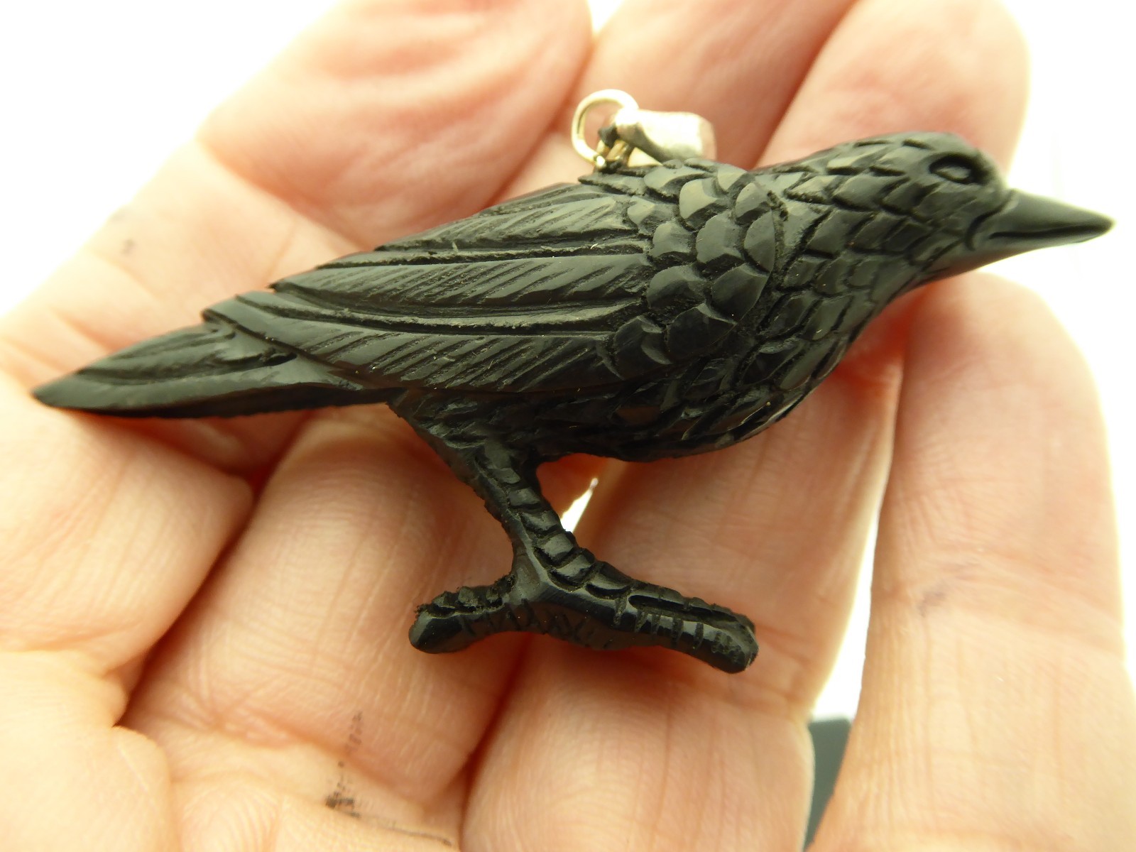 Black Crow Water Buffalo Horn Sterling Silver 3D Bird Pendant Talisman Necklace