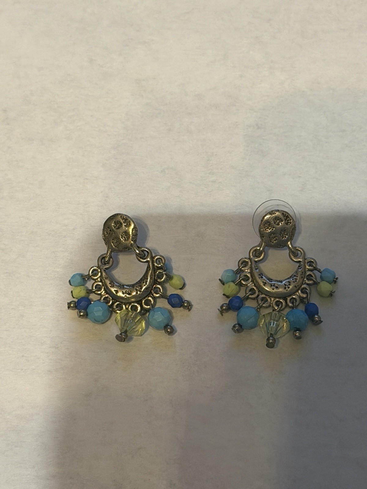 Silver Blue Green Beaded Dangle Earrings Chandelier Boho