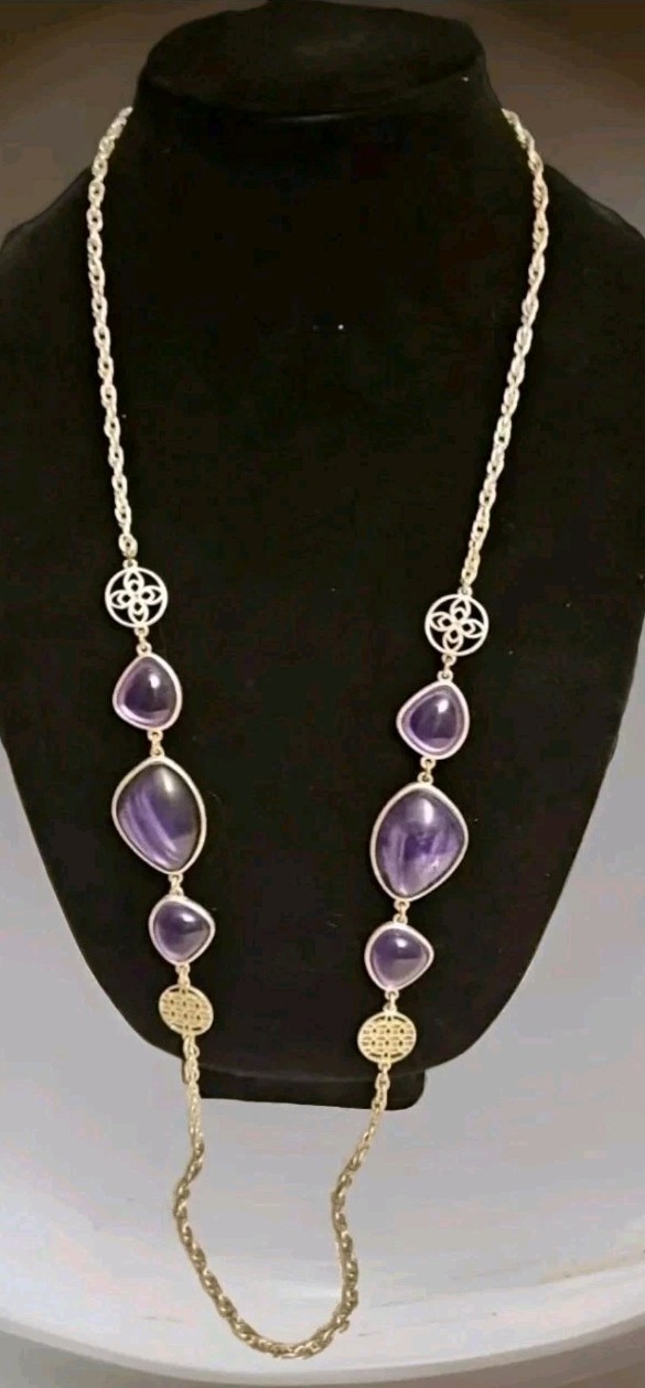 Bill Blass Silver Tone Chunky Necklace Purple Faux Stones 18″ EUC