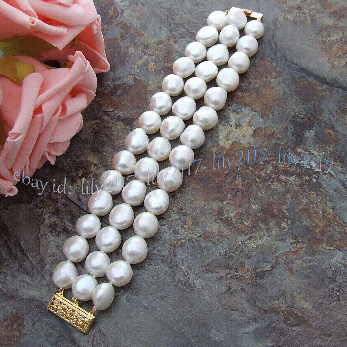 8inch 3 Rows Huge Natural 12-14mm Akoya Freshwater White Baroque Pearl Bracelet