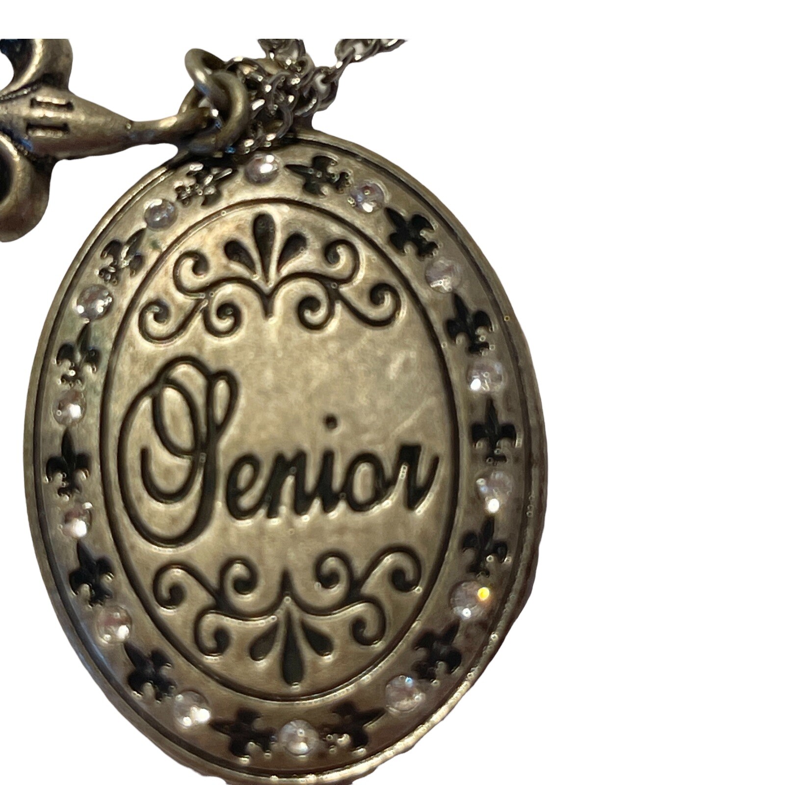 JOSTENS SENIOR Rhinestone Crystal Accents Antiqued Silver Tone Pendant Necklace!