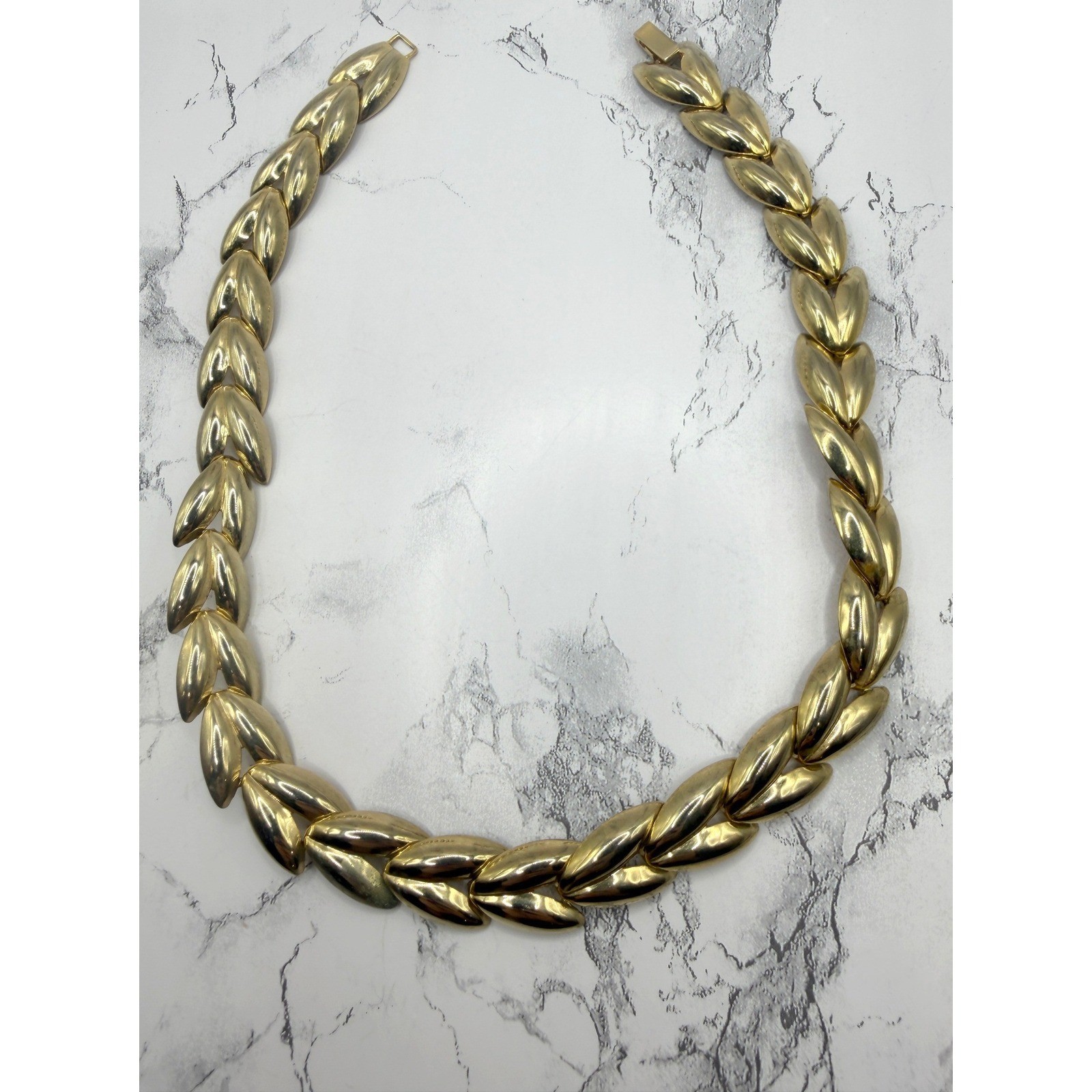 Vintage Bold & Gold Tone Marquise Link Necklace Bracelet Set Statement Jewelry