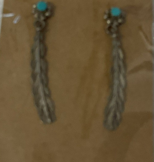 Used Silver Tone Feather Post Dangle With Faux Turquoise Stone Earrings