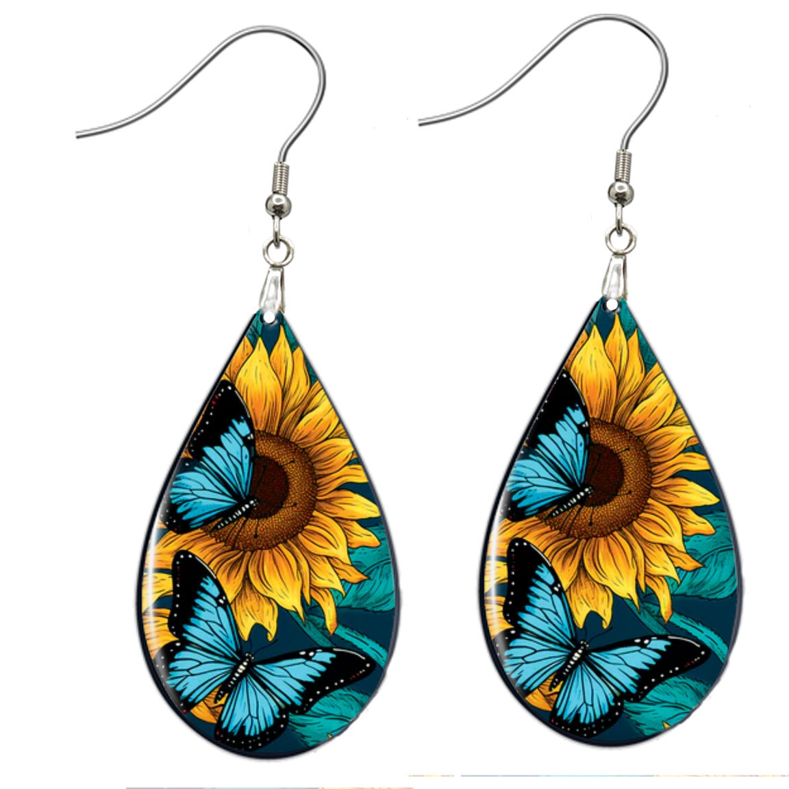 Sunflowers Blue Butterflies Earrings NO TARNISHING Wood Teardrop Watercolor Art
