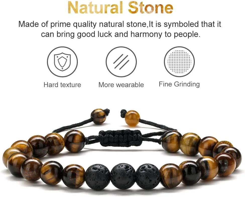 M MOOHAM Mens Bracelet – Beaded Natural Stone 8mm Tiger Eye Matte Agate Lava Roc