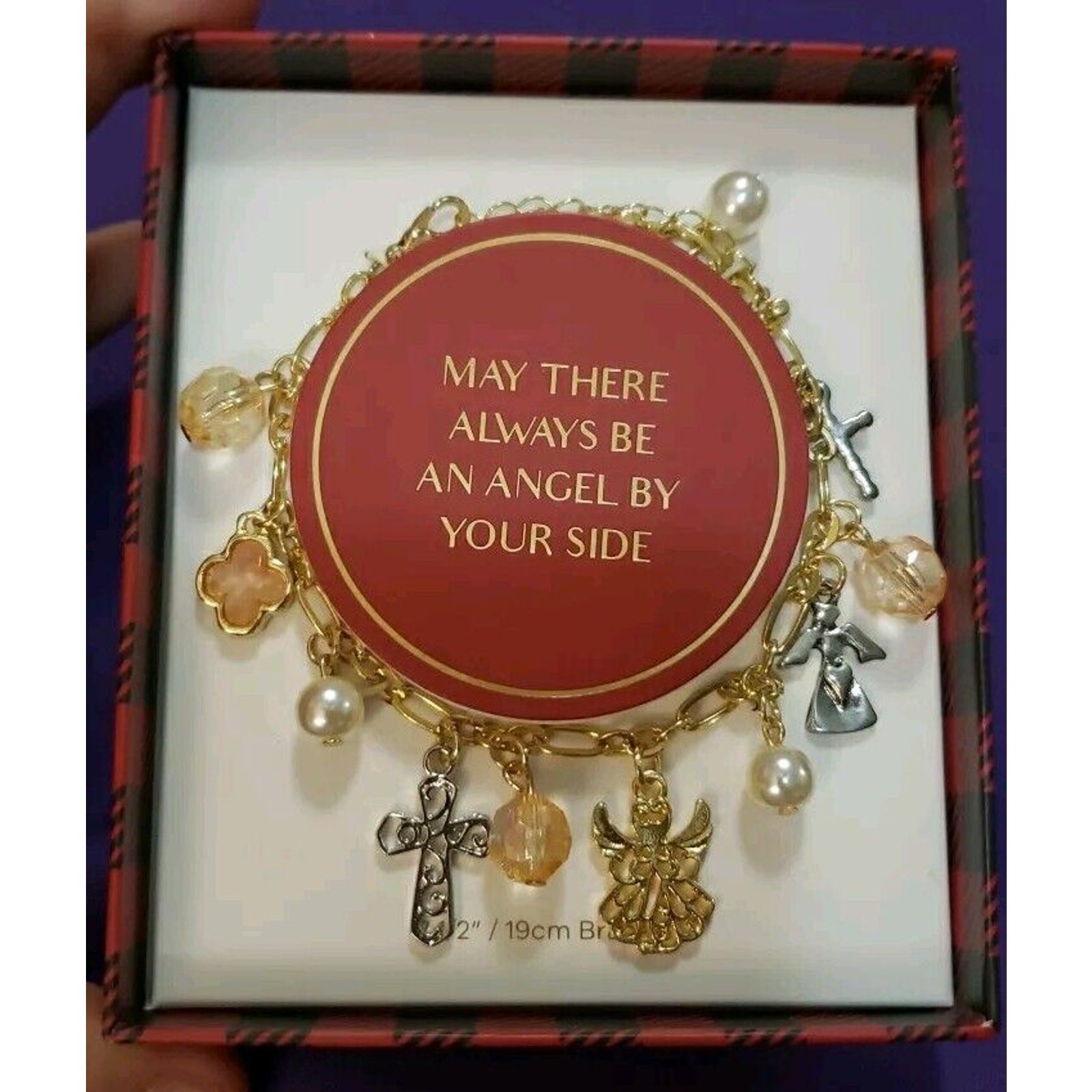Gold Tone Charm Bracelet With Angels Crosses Faux Pearls & Pale Peach Beads, New
