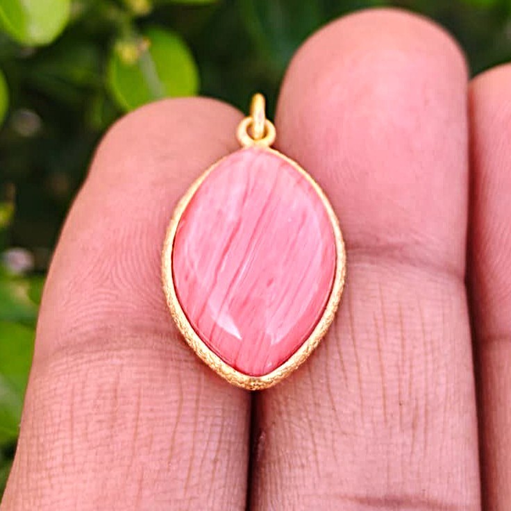 Handmade Rhodochrosite Gemstone Pendant, Gold Plated 925 Sterling Silver Charm