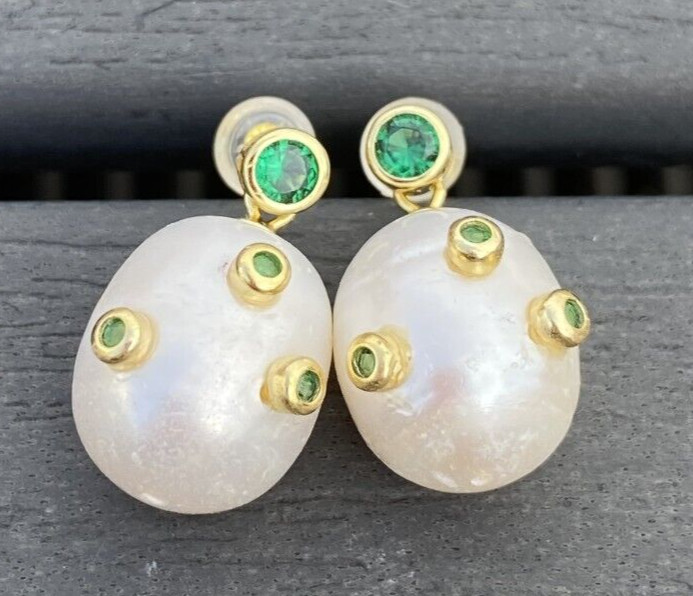 24CT Yellow Gold Plated Big Oval Freshwater White Pearl Dangle Earrings