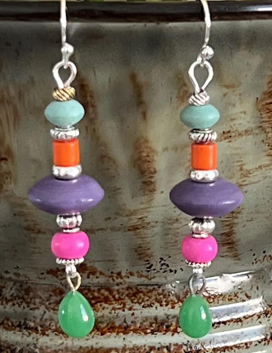 Silver Dangle Earring with Multi Color Beads. Boho Chic