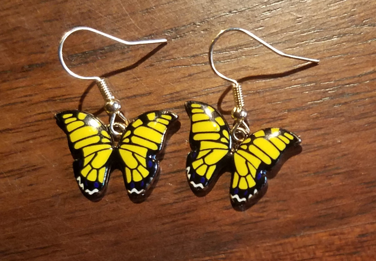 Yellow Gold Black Enamel Tiger Swallowtail Butterfly PIERCED Dangle Earrings