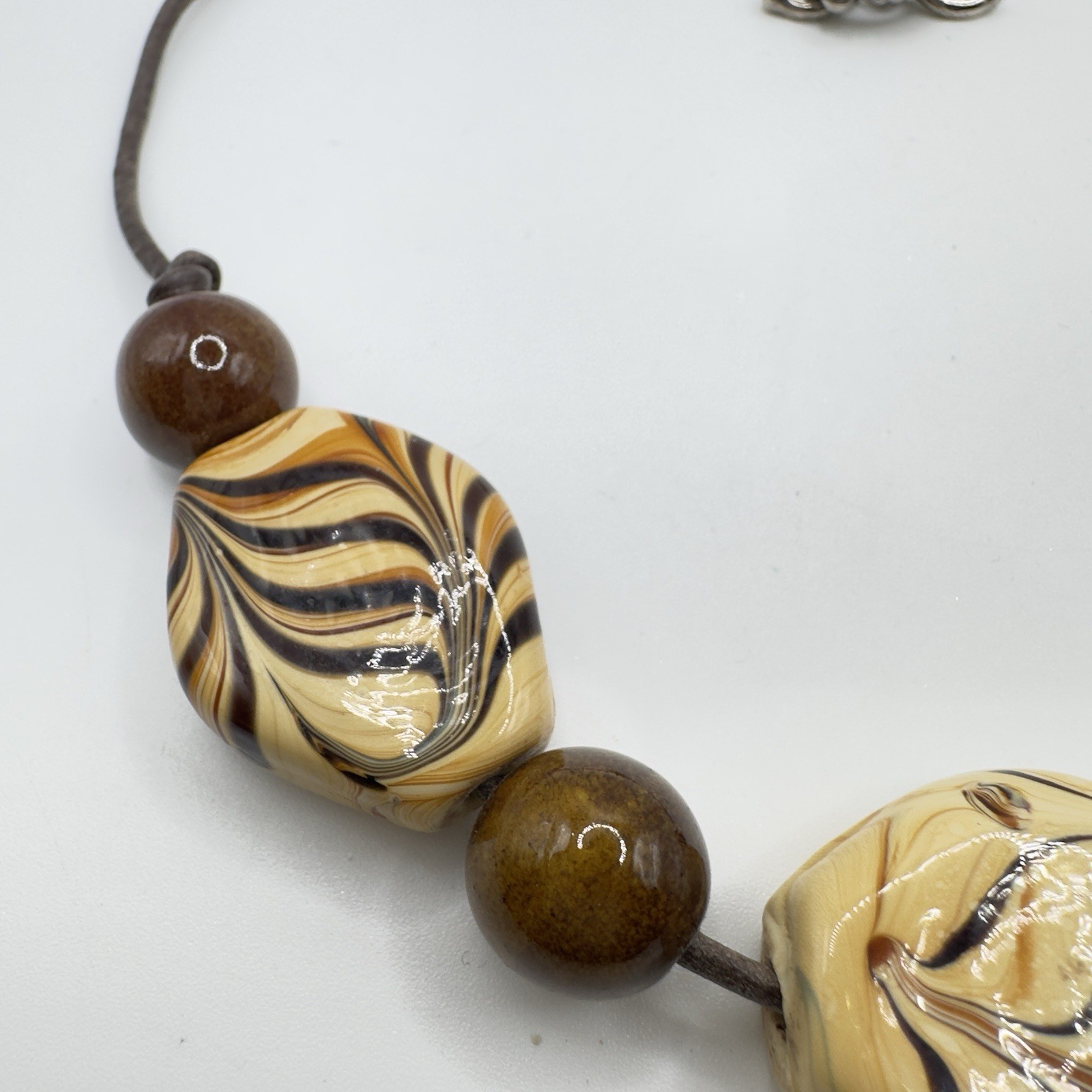 Chunky Boho Glass Ceramic Necklace 18 Inch Tans & Brown Handmade 19″ Leather