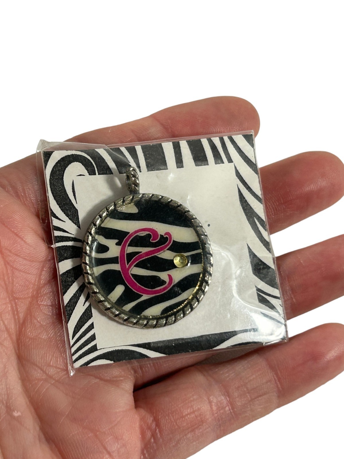 Initial C Zebra Print Pendant Pink Letter Charm Round Rhinestone Silver Tone