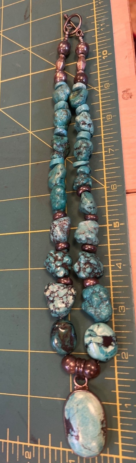 Dyed Turquoise? & Silver Beaded Necklace With Large Oval Pendant