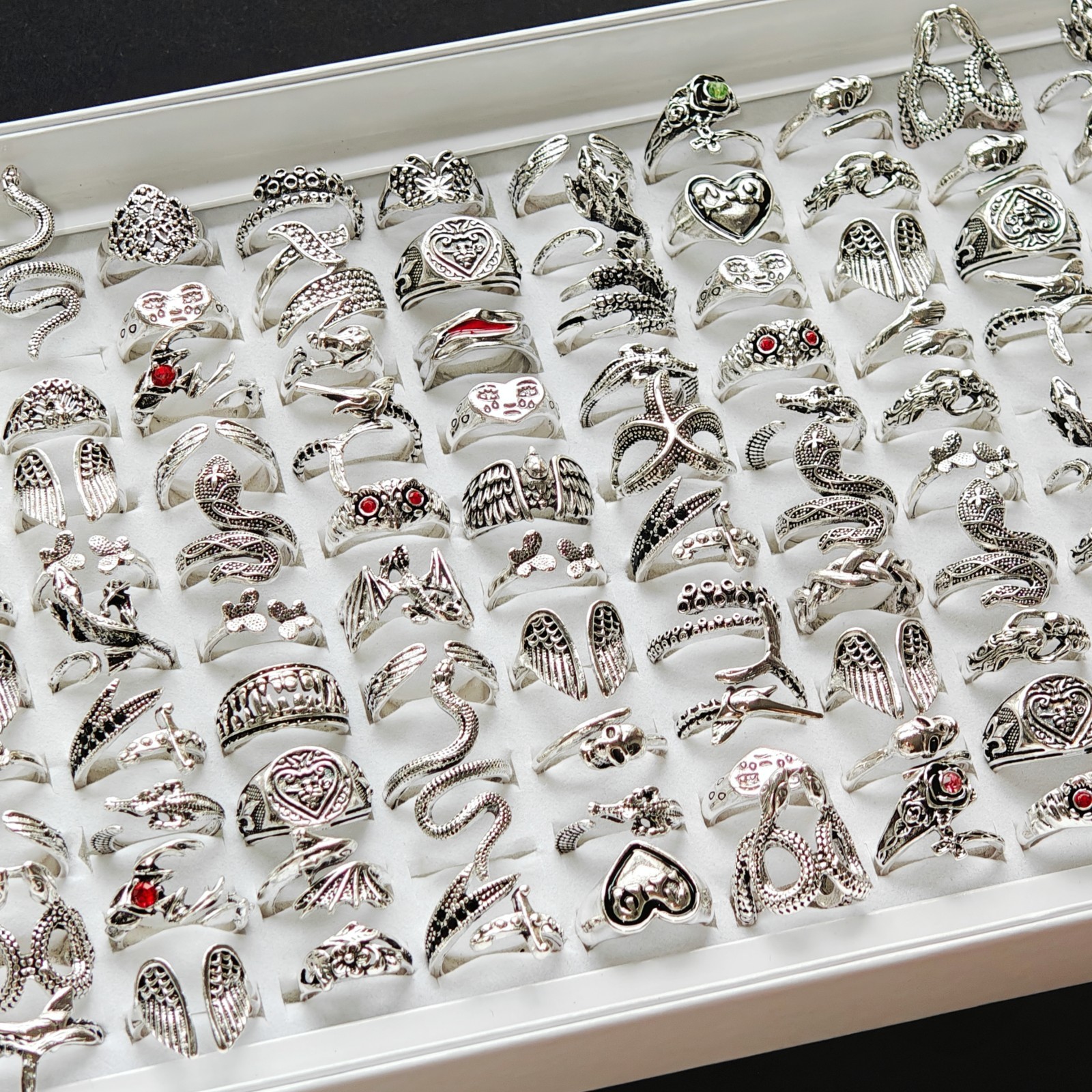 Bulk Lot 25/50pcs Gothic Y2K Rings Mix Design Silver Tone Open Animals Punk Gift