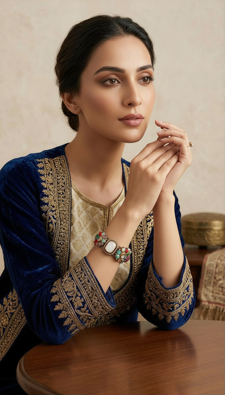 Navratan Openable Kada Bracelet, Sabyasachi Inspired Cuff, Multicolor Gemstone