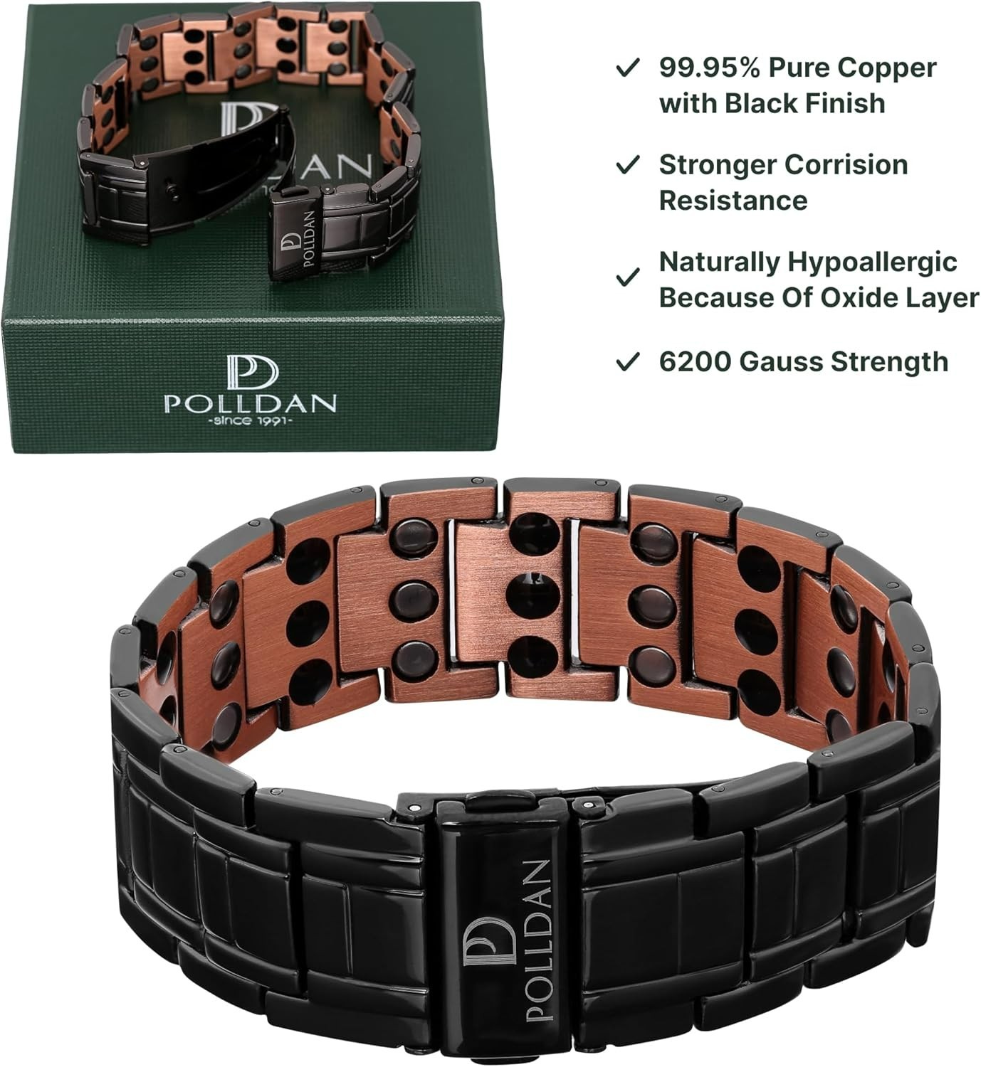 Pulsera de cobre con potencia de 6200 Gauss para hombre, Cobre negro 3X Power