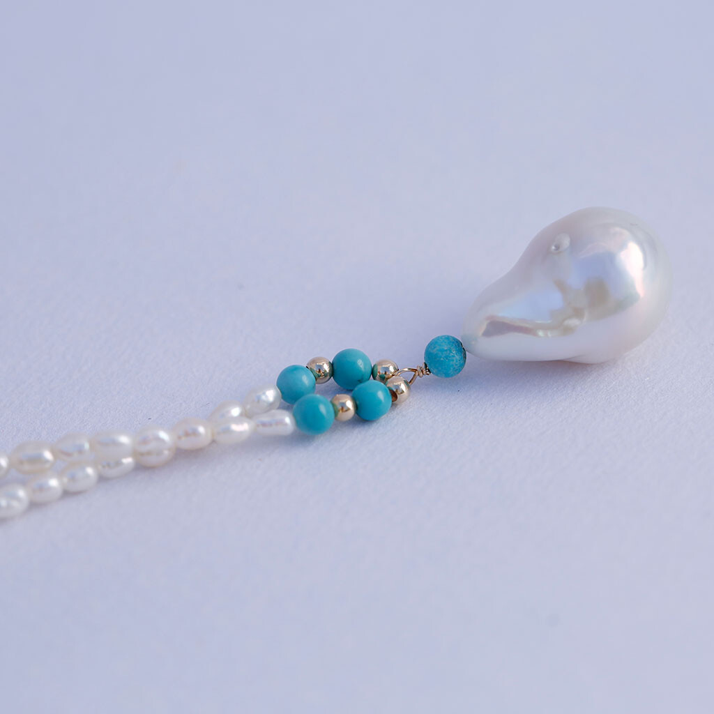DL84 46cm Elegant White Freshwater pearl necklace 13.8×20.3mm pendant Turquoise
