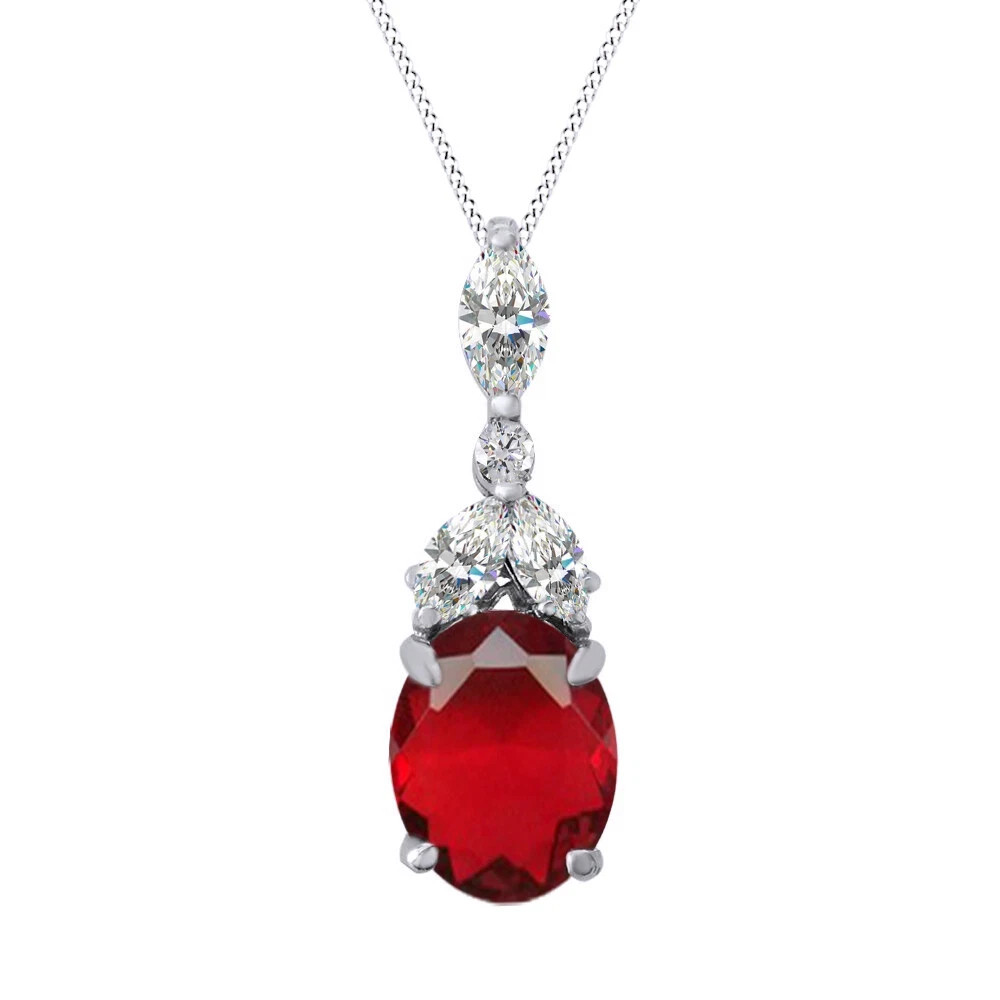 Set of 3 – Ruby Cluster Drop Necklace 14K White Gold Plated 925 Sterling Silver
